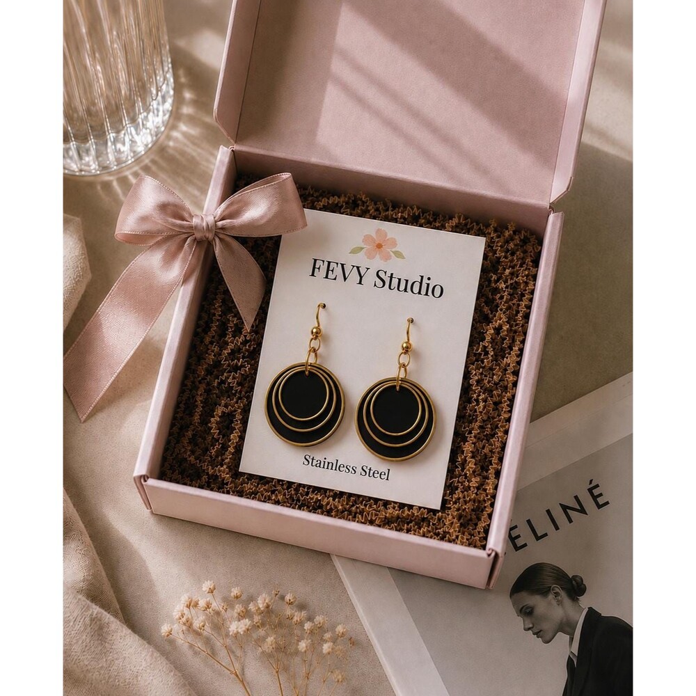 Black Circle Polymer Clay Earrings | Boho Statement Dangles | Gift for Her